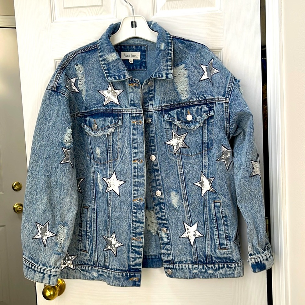 Sale💕▶️ Peach Love ◀️ Distressed / Upcycled Sequin star Jean jacket